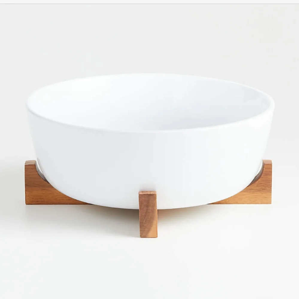 Crate&Barrel Oven to Table Large Serving Bowl with Wood Stand